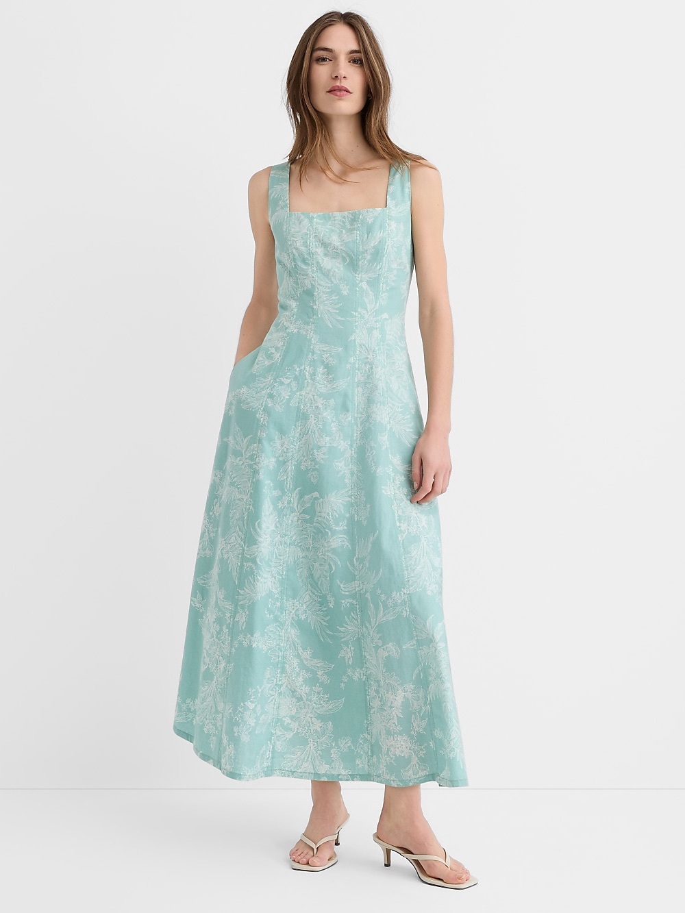 LOFT Square-Neck Mint Floral Tolie Print Midi Dress